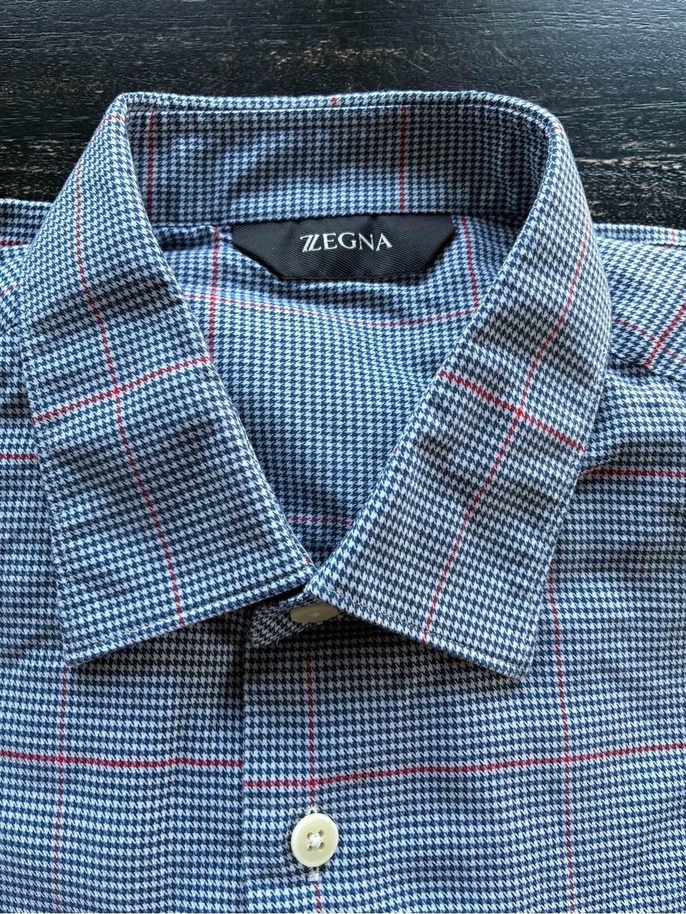 Z Zegna Blue Houndstooth Dress Shirt with Red Windowpane size 17